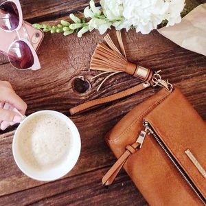 3 in 1 “Poppy & Peonies” cognac cruelty free foldover purse